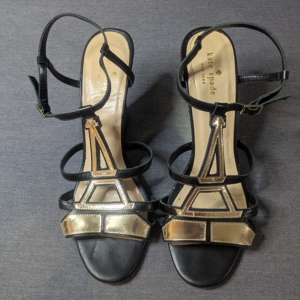 Kate Spade Eiffel Tower Black Gold Strappy Heels Sandals Size 6.5